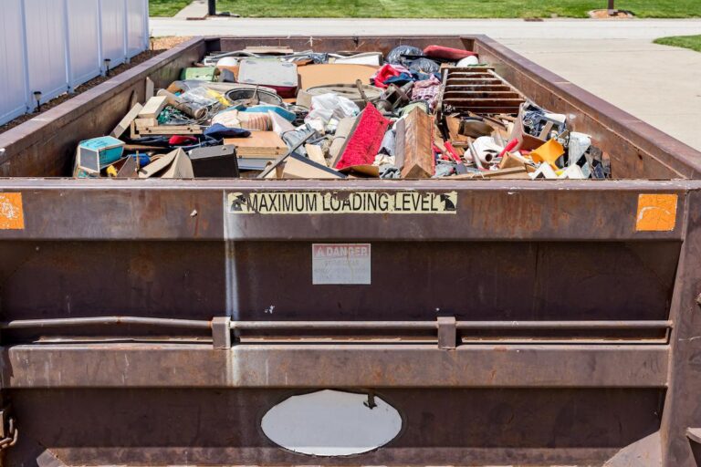 Garbage, trash or waste dumpster full of household junk. Concept of cleaning, cleanup, hoarding and disposal